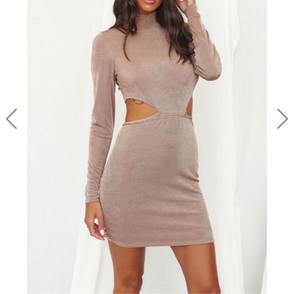 12th Tribe taupe gold chain cut out mini dress - Picture 2 of 4